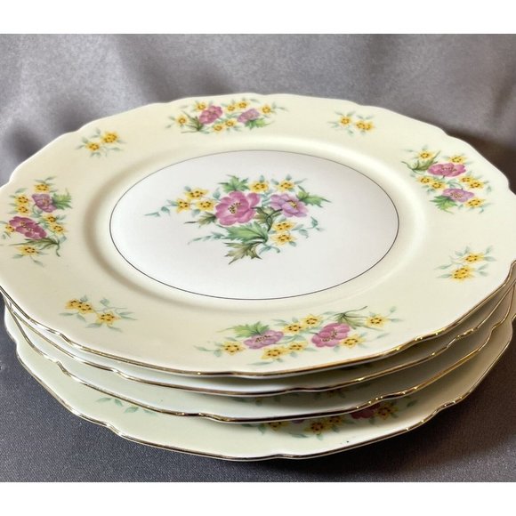 Set of 4 Black Knight Germany Yellow Pink Floral Gold Trim Dinner Plates 10" - Picture 8 of 13